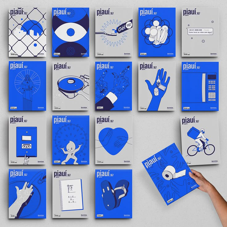 20 krรคftige blaue und graue Magazin Cover mit Illustrationen.