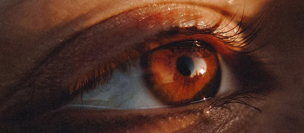 Detailaufnahme von einem Auge mit schรถnen Wimpern und brauner Iris im Sonnenschein.