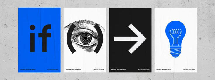 Plakatserie mit minimalistischen Grafiken in blau, schwarz und weiß. Ein Auge, eine Glühbirne usw.