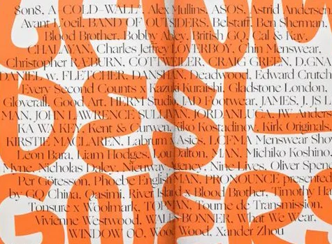 Große orangene Typografie überlagert schlichtere, kleinere Typografie in schwarz. 