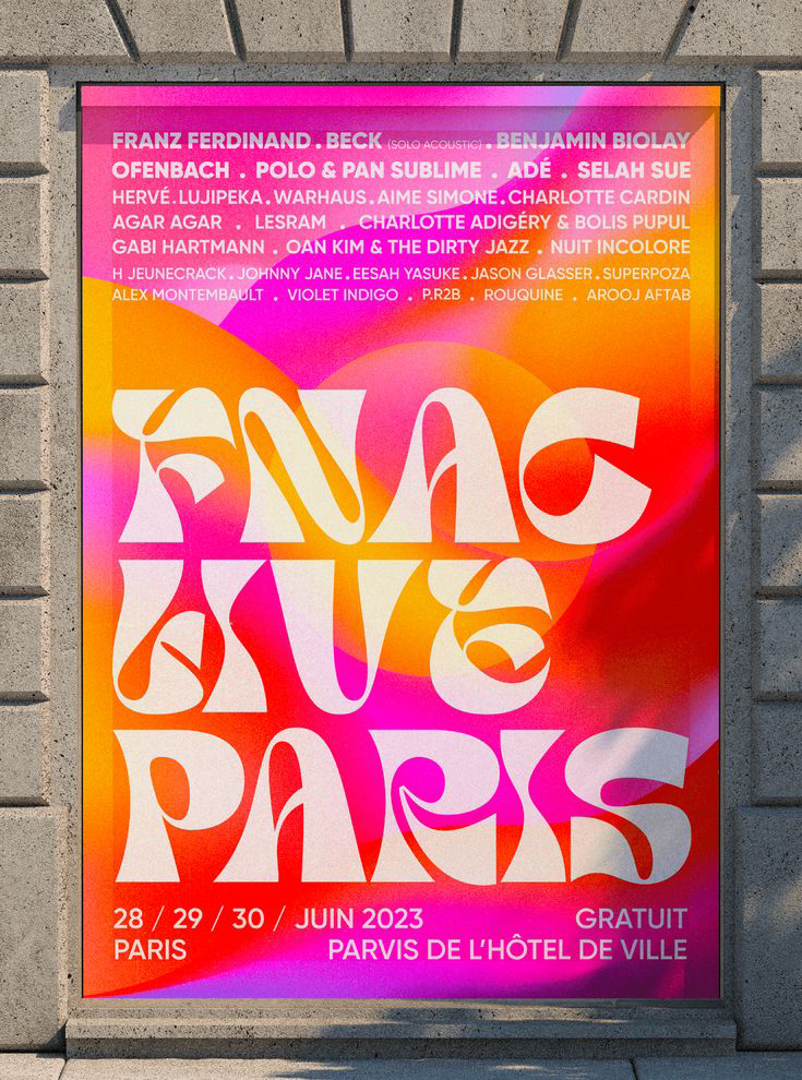 Buntes Grafikposter für ein Festival in Orange und pinken Farbverläufen. 